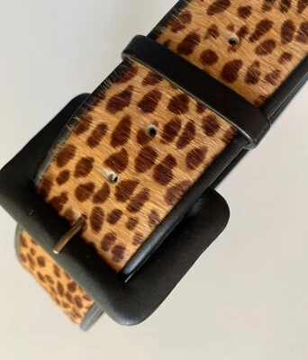 Cinturón mujer CARLISLE XS leopardo manchado marrón pelo de becerro cuero negro 2" EE. UU. Foto 1 de 4