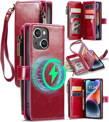Leather Multifunctional Card Zipper Wallet Phone Case For iPhone 14 Luxury Red - Image 1 of 4