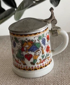 German Beer Stein, Zinn BMF Miniature Porcelain, Mid Century Pewter Lid Folk - Picture 1 of 9