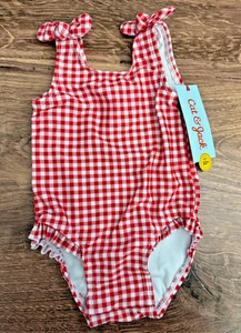 NWT Cat & Jack Infant Girl One Piece Swimsuit 3-6 Months Red White Gingham Baby - Picture 1 of 6