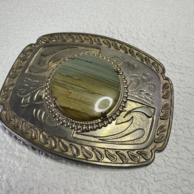 Ornate Silver-Finish Western Belt Buckle w/ Large Faux Agate Stone Gift Cowboy - Image 1 of 4