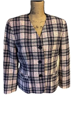 Pendleton Wool Blazer Woman’s 10 Petite Shoulder Pads  Pink Blue Plaid - Image 1 of 4