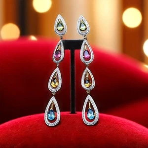 1.88 TCW F/VS1 Round Brilliant Cut Real Diamonds Dangle Earrings 14K Yellow Gold - Picture 1 of 12