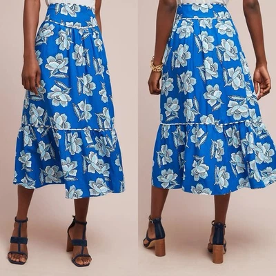$118 NUEVO CON ETIQUETAS Anthropologie 14 Maeve Alyssa Falda Midi Azul Floral Boho Resort Lino Foto 1 de 4