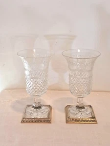 Pair of Antique Signed Cut Crystal Vases with Sterling Silver Vermeil Mounts 19C - Picture 1 of 11