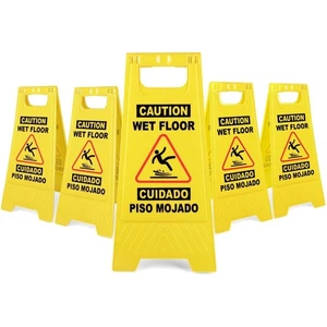 Durable 5-Pack Caution Wet Floor Safety Signs, Bilingual, Double-Sided, 24-Inch - Picture 1 of 10