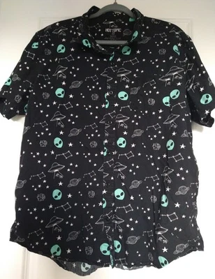 Hot Topic Alien UFO Cotton Button Up Mens Shirt 2X Black Short Sleeve  - Image 1 of 4