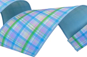 Blue Pink Green Pastel Plaid 4" by 3 yd Spring Doubleside Wire Ribbon Farrisilk - Picture 1 of 7