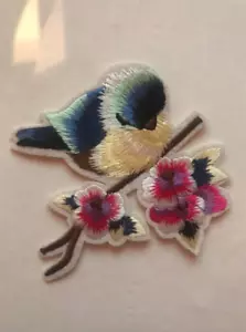 Blue Bird on a Branch with Flower Iron on Applique Patch - Picture 1 of 1