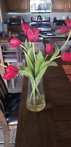 Artificial Red Tulip Flowers Bouquet Arrangement Faux Water Glass Cylinder Vase