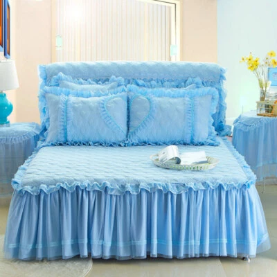 Korean Princess Lace Bedspread Skirted Queen King Dust Ruffle Quilted Bed Cover - Image 1 of 4