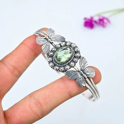 Peridot Butterfly Cuff Bangle 925 Sterling Silver Handmade Jewelry Birthday Gift - Image 1 of 4