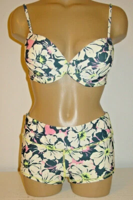 Raisins Swimsuit Blue White Floral Surf Bikini 2 pc Push Up Bra Top Jr-S-$82 NEW - Image 1 of 4