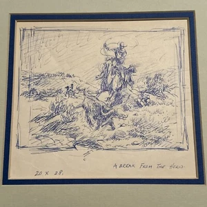 FRED HARMAN DRAWING FAMOUS AMERICAN COWBOY PORTRAIT BREAK FROM THE HERD LISTED - Picture 1 of 19