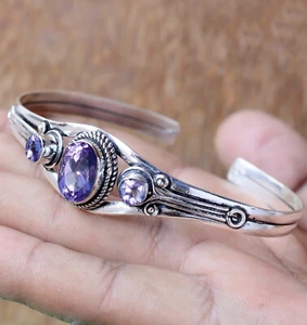 Stylish African Amethyst Cut Gemstone Bracelet 925 Sterling Silver Jewelry Cuff - Picture 1 of 6
