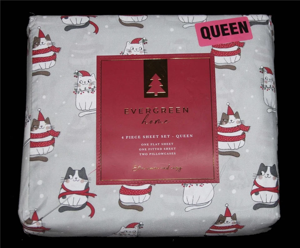 Juego de sábanas Evergreen Home Navidad Grasa Gatos Lunares Gris Poliéster Queen Nuevo en Paquete Foto 1 de 1
