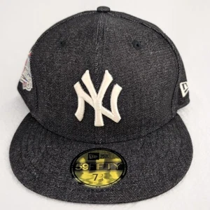 NEW ERA 5950 59FIFTY NEW YORK YANKEES FITTED HAT BLACK DENIM SIDE PATCH 7-3/4 - Picture 1 of 5