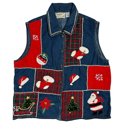 Винтажный рождественский пэчворк джинсовый жилет размер 18 20 джингл колокольчик кнопки учитель - Изображение 1 из 4
