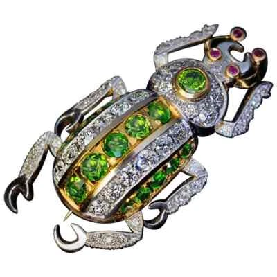 Vintage Mid Century Insect Beetle Design With Ruby, Peridot & CZ 925 SS Brooch - Image 1 of 4