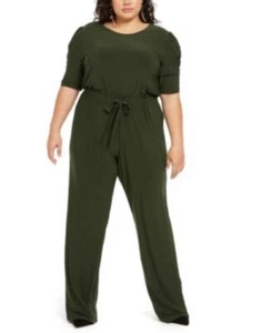 NY Collection Women s Jumpsuit Size 1X Olive Green Tie Front Romper - Picture 1 of 4