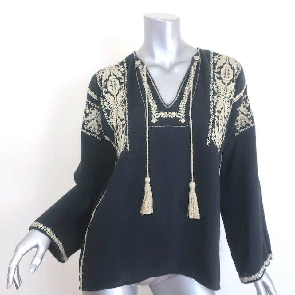 Isabel Marant Etoile Vince Embroidered Tassel Top Black Cotton Size 38 - Image 1 of 4