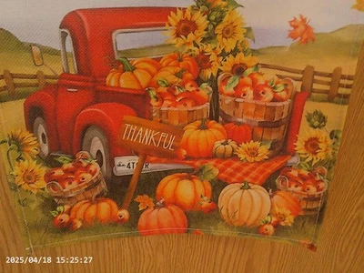 New Thankfull Fall 13 x 72 Linen Table Runner(Red Truck,Pumpkin Leaves Blue Sky) - Image 1 of 4