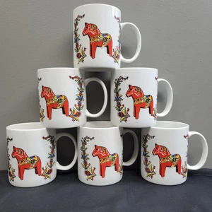 6 Schwedische Dalapferd Bergquist Import Orange Volkskunst Kaffeetassen_Tassen - Bild 1 von 10