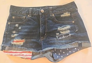 American Eagle Cut Off Distressed Jean Denim USA Shorts Patriotic Flag Size 6 - Picture 1 of 13