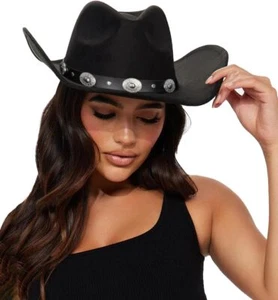 Eohak Womens Western Cowboy Hats Studded Pinched Medium, Black - Picture 1 of 8