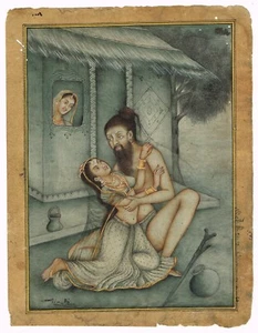 Indian Miniature Old Painting Of A Man And Woman Love Scene On Paper 7x9 Inches - Picture 1 of 7