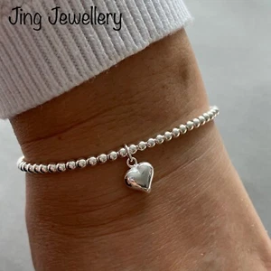 Bracciale impilabile perline elasticizzato argento sterling con ciondolo cuore soffiato 925 - Foto 1 di 3