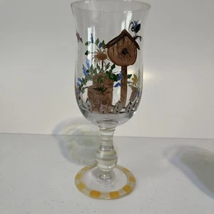 Hand Painted Goblet Glass with Birdhouse Flowers Muted Corals Madeira - Picture 1 of 4