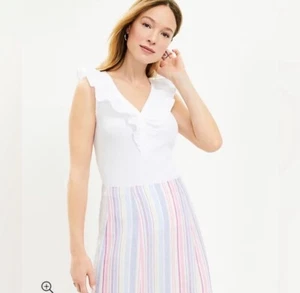 LOFT NWT Ruffle Mixed Media V-Neck Top - White - Size Small - Picture 1 of 3