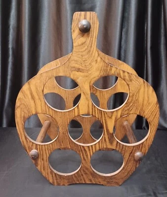 VINTAGE MCM WOOD APPLE WINE RACK 7 BOTTLE BOHO DECOR 18.5" x 14"x 7.25" - Image 1 of 4