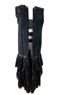 Chaqueta Chaleco Largo Rebel Diva Para Mujer Negra Gamuza Lentejuelas Hecha a Medida Talla L Foto 1 de 4