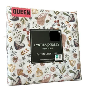 Cynthia Rowley Queen Sheet Set 4pc Fall Leaves Pumpkin Floral New Mushrooms - Picture 1 of 2