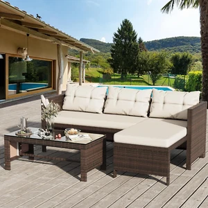 3-Piece Wicker Patio Sectional Set with Chaise Lounge, Cushions & Glass Table - Picture 1 of 12