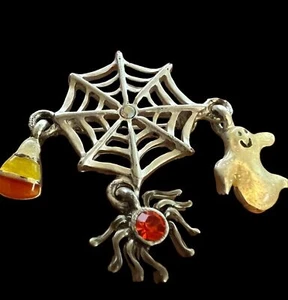Vintage Halloween Metal Pumpkin Pin w/3 Charms Signed AJMC - Picture 1 of 3