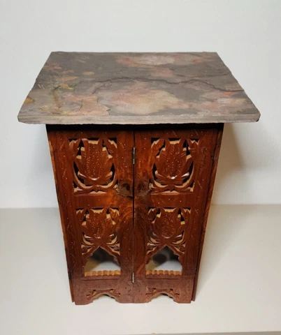 Vintage Custom Handcarved Teak / Slate Side Accent Table Cover