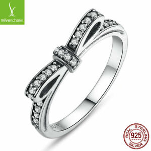Free Shipping S925 Sterling Sparkling Bow CZ Rings Fit Women Authentic Jewelry
