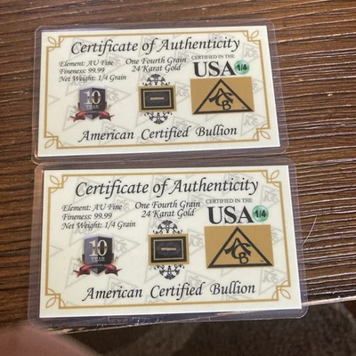 BARRA DE LINGOTES SÓLIDA ORO X2 ACB 1/4 GRANO 24K 9999 CERTIFICADO FINO DE AUTENTICIDAD` Foto 1 de 3