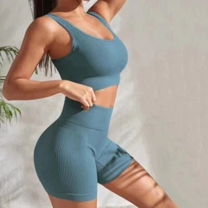 Trendy Orange Seamless Ribbed Yoga Sets Crop Tank and High Waist Shorts - Picture 1 of 21