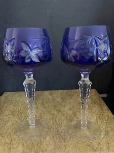 Set of Two cobalt blue cut to clear crystal Wine Goblet - Picture 1 of 6