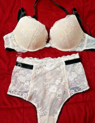 Victoria's Secret Lace Push up Bra Set fashion White Velvet panty thong 32 34 36 Foto 1 de 4