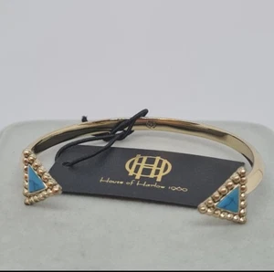 House of Harlow 1960 open cuff bracelet with gold metal and blue triangle detail - Picture 1 of 5