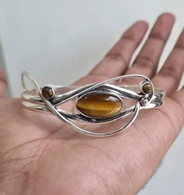 Brazalete y brazalete natural ojo de tigre, hermosos brazaletes de plata de ley 925 SW8 Foto 1 de 4