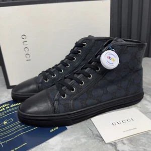 GUCCI Brooklyn GG Monogram High-Top Sneakers Navy Blue Fabric 9 US or 39 EUR - Picture 1 of 22
