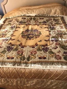 Beautiful Flemish Vintage Tapestry or Spread with Fringe-Butterflies-Flowers-NEW - Picture 1 of 3