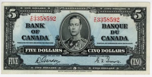 1937 Bank of Canada $5 Banknote - VF Condition - SN: T/C3358592 - Picture 1 of 2
