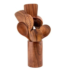 Utensils Rack Natural Teak Comfortable Kitchen Cooking Utensils Set With Holder - Picture 1 of 8